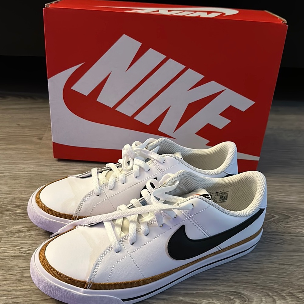 Nike Court Legacy in White, Black, Desert Ochre, Size 7 or 5.5Y